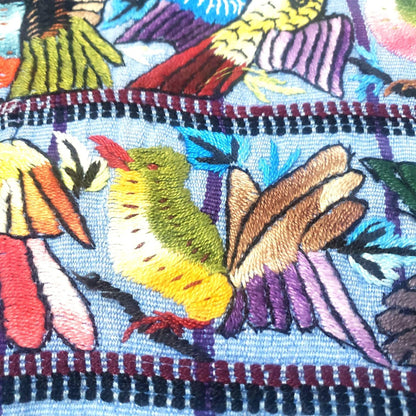Hand Embroidered Guatemalan Wall Tapestry, Multicolored Bird Textile Art from Santiago Atitlan, Handwoven Light Blue Cloth, 17x34 In
