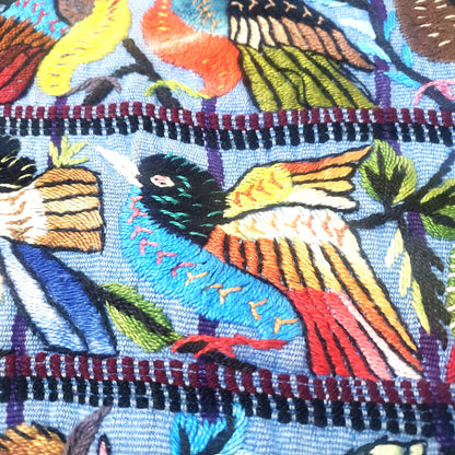 Hand Embroidered Guatemalan Wall Tapestry, Multicolored Bird Textile Art from Santiago Atitlan, Handwoven Light Blue Cloth, 17x34 In