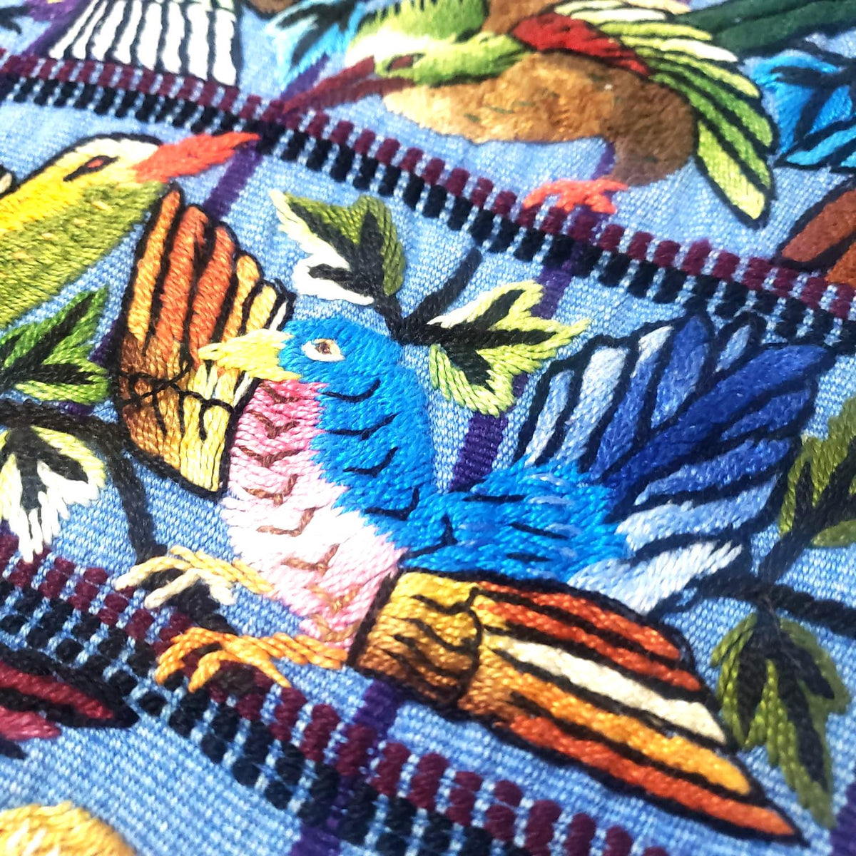 Hand Embroidered Guatemalan Wall Tapestry, Multicolored Bird Textile Art from Santiago Atitlan, Handwoven Light Blue Cloth, 17x34 In