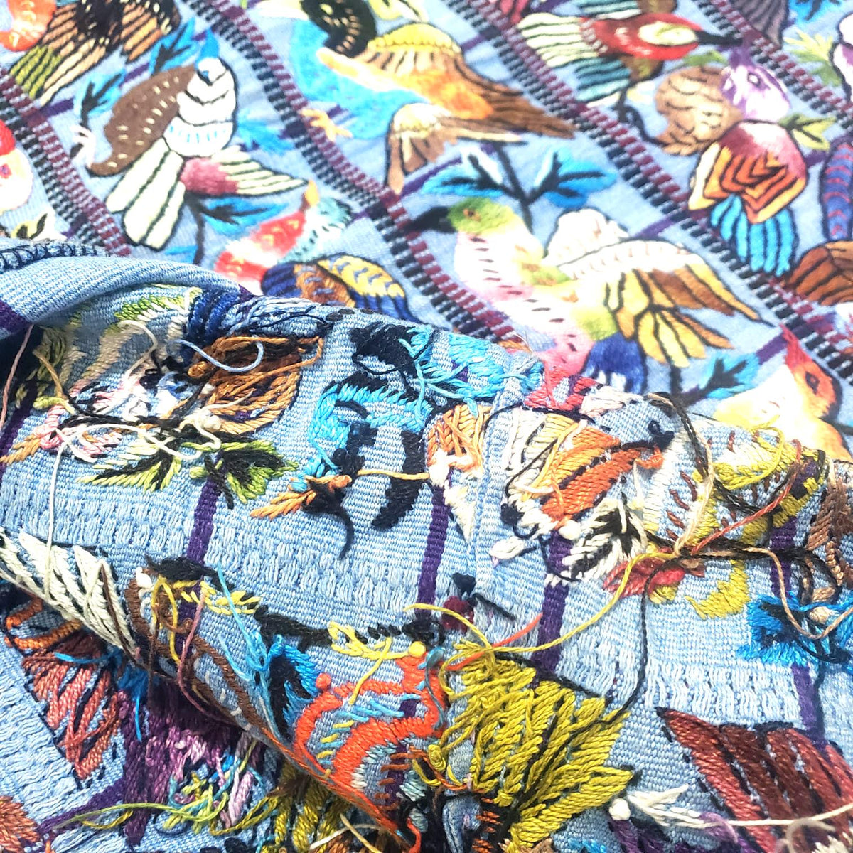 Hand Embroidered Guatemalan Wall Tapestry, Multicolored Bird Textile Art from Santiago Atitlan, Handwoven Light Blue Cloth, 17x34 In