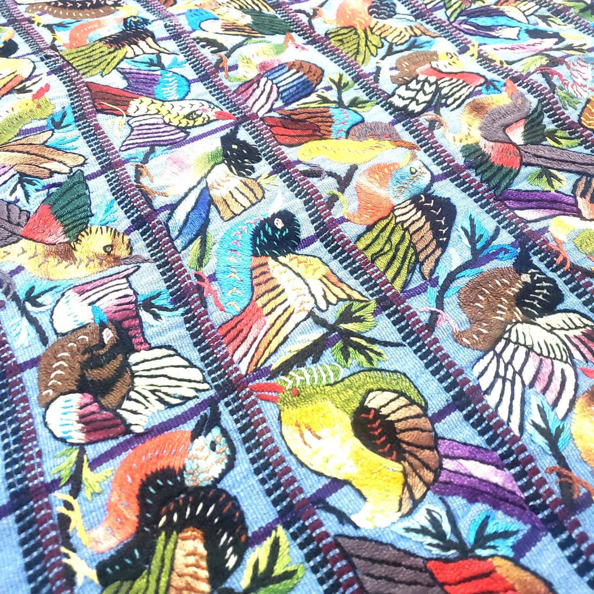 Hand Embroidered Guatemalan Wall Tapestry, Multicolored Bird Textile Art from Santiago Atitlan, Handwoven Light Blue Cloth, 17x34 In