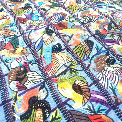 Hand Embroidered Guatemalan Wall Tapestry, Multicolored Bird Textile Art from Santiago Atitlan, Handwoven Light Blue Cloth, 17x34 In
