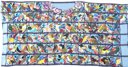 Hand Embroidered Guatemalan Wall Tapestry, Multicolored Bird Textile Art from Santiago Atitlan, Handwoven Light Blue Cloth, 17x34 In