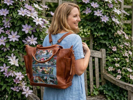 Convertible Leather Backpack Bag: Caramel Brown Huipil Detail, Handmade Guatemalan Crossbody