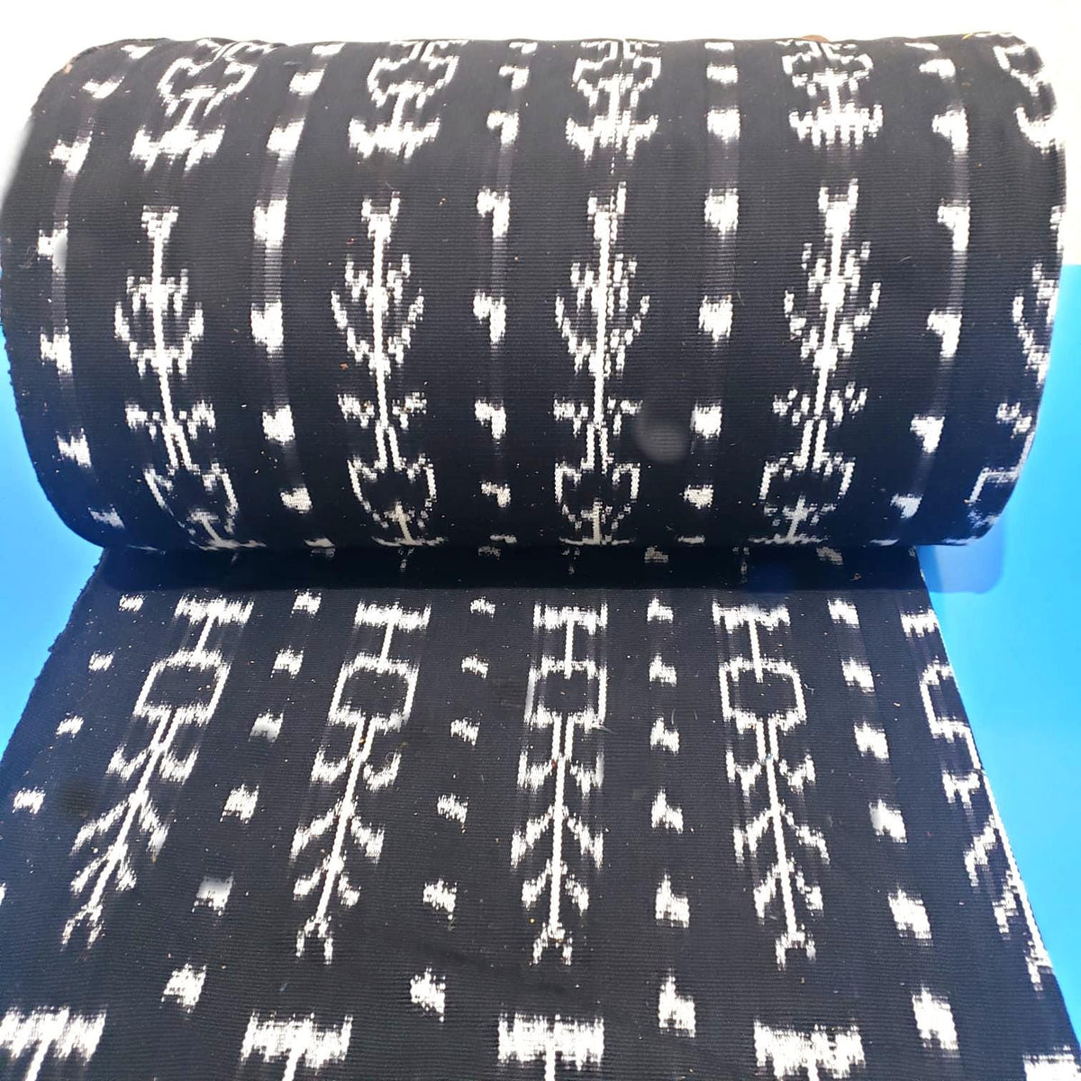 Handwoven Guatemalan Textile Fabric, Ethnic Stripe Cotton, black white ikat 36 in