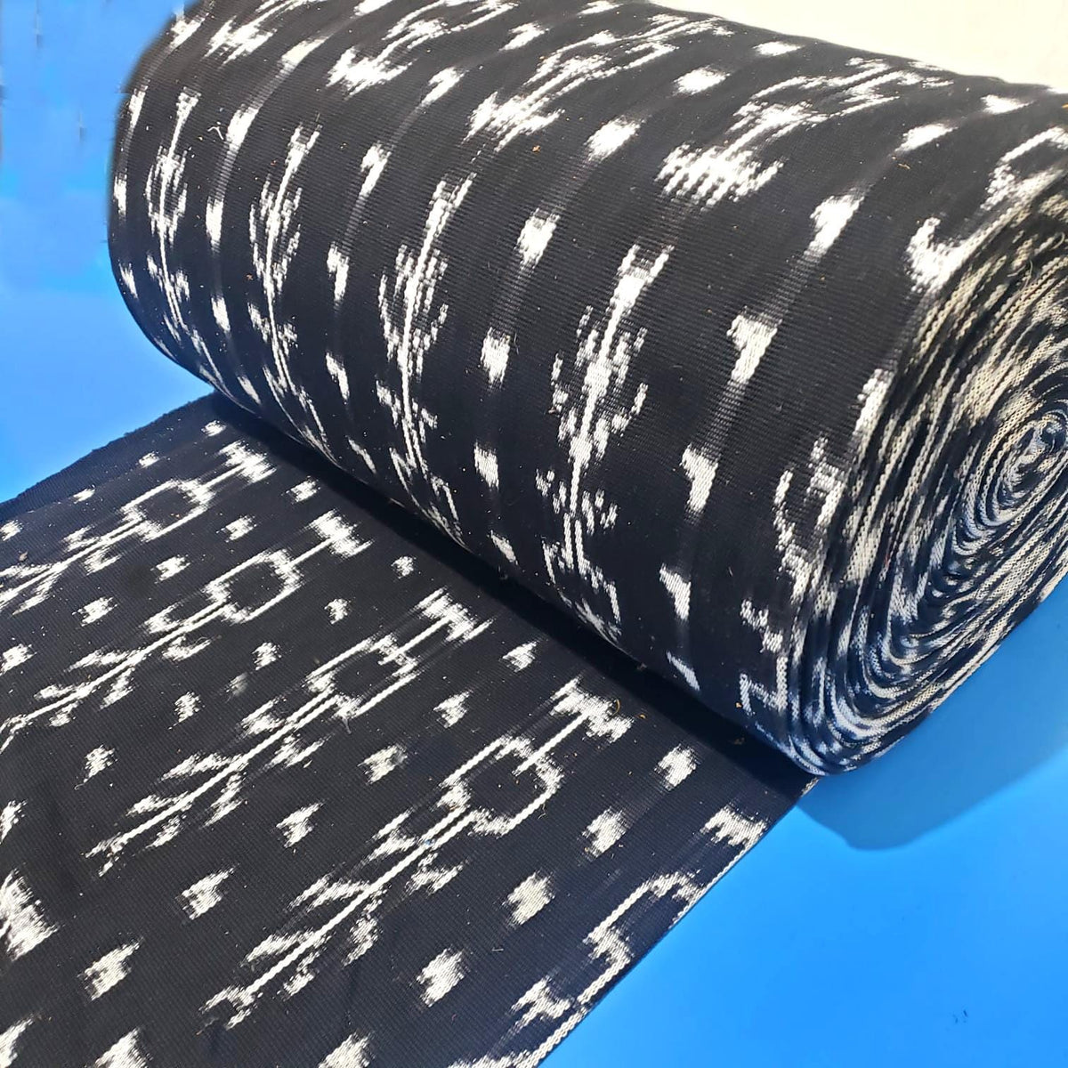 Handwoven Guatemalan Textile Fabric, Ethnic Stripe Cotton, black white ikat 36 in