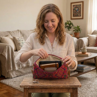 Guatemalan Leather Huipil Crossbody Clutch: Mayan Woven Purse