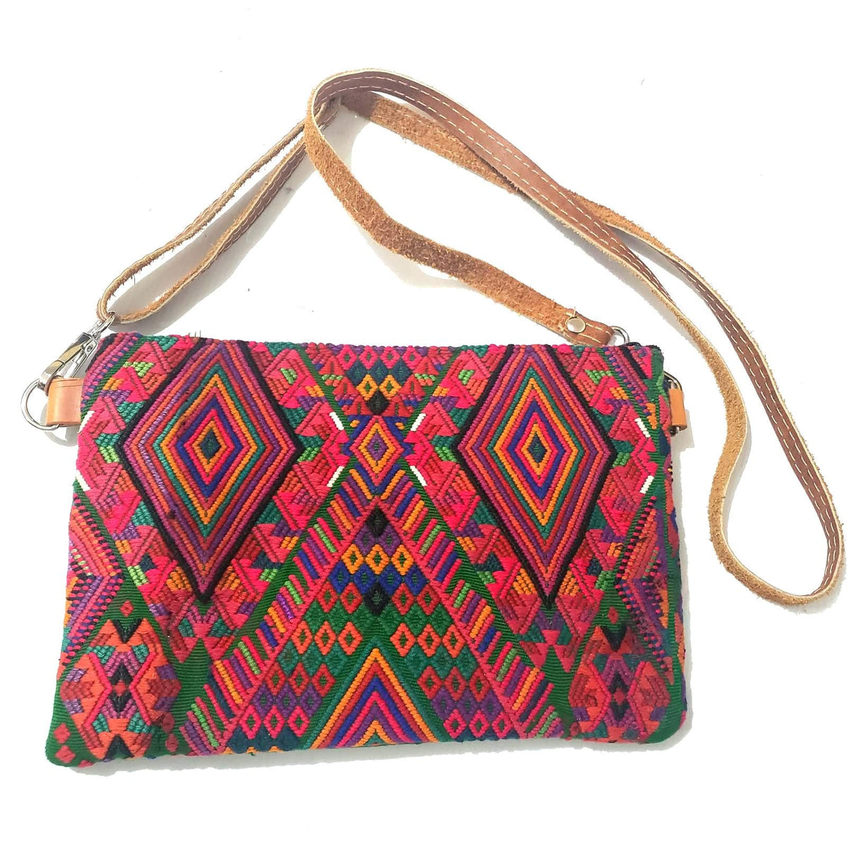 Guatemalan Leather Huipil Crossbody Clutch: Mayan Woven Purse