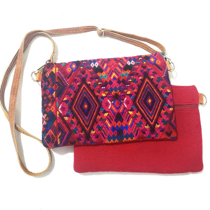 Guatemalan Leather Huipil Crossbody Clutch: Mayan Woven Purse