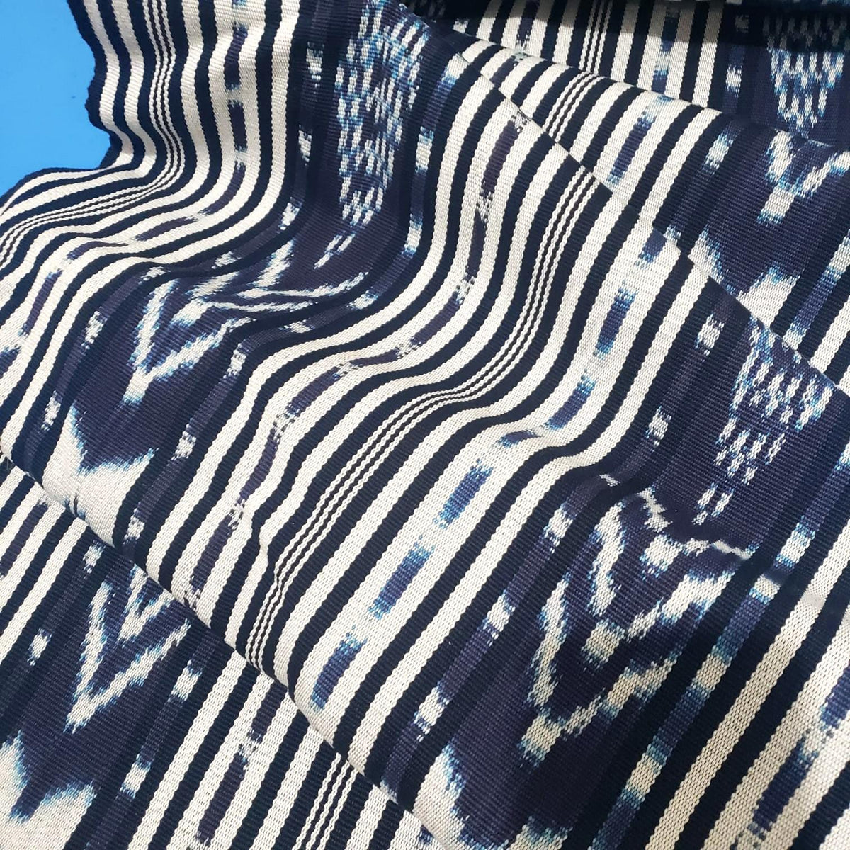 Handwoven Guatemalan Textile Fabric, Ethnic Stripe Cotton, black Indigo white ikat 36 in