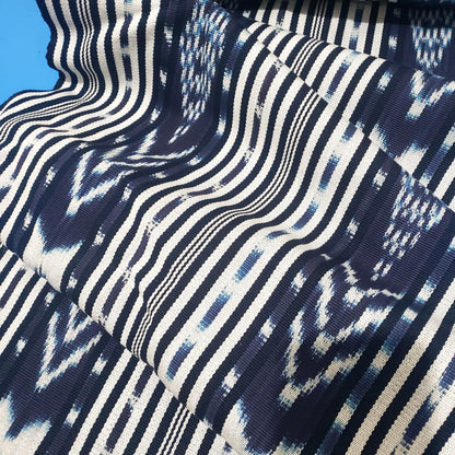 Handwoven Guatemalan Textile Fabric, Ethnic Stripe Cotton, black Indigo white ikat 36 in