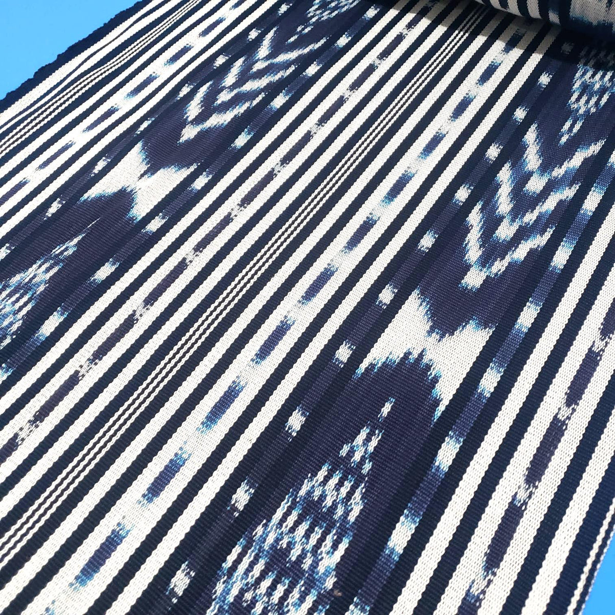 Handwoven Guatemalan Textile Fabric, Ethnic Stripe Cotton, black Indigo white ikat 36 in