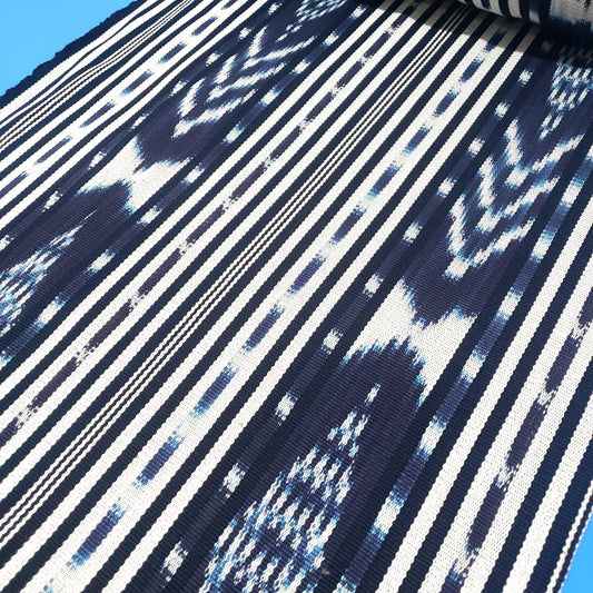 Handwoven Guatemalan Textile Fabric, Ethnic Stripe Cotton, black Indigo white ikat 36 in