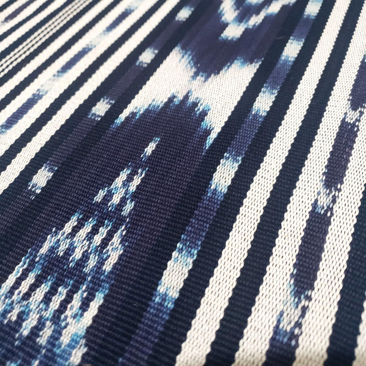 Handwoven Guatemalan Textile Fabric, Ethnic Stripe Cotton, black Indigo white ikat 36 in