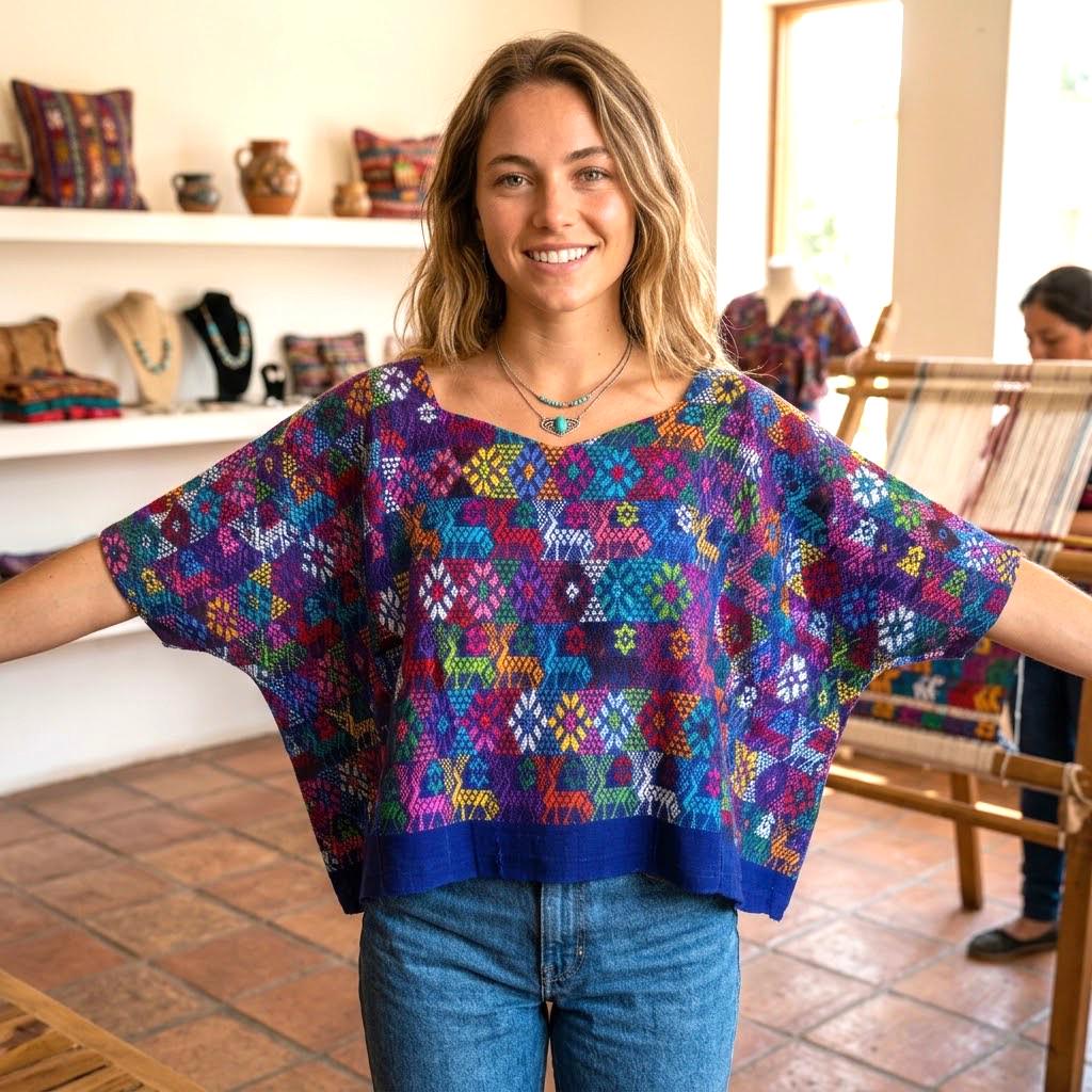 Handwoven Mayan Huipil Blouse, Tactic Alta Verapaz Guatemalan Top, Boho Embroidered Short Blouse 30x19, Authentic Fair Trade Top