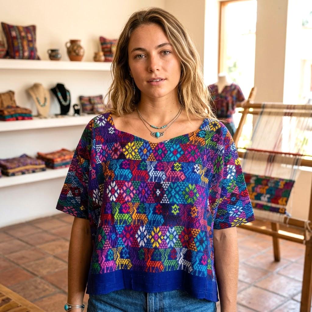 Handwoven Mayan Huipil Blouse, Tactic Alta Verapaz Guatemalan Top, Boho Embroidered Short Blouse 30x19, Authentic Fair Trade Top