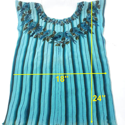 Teal Bird Embroidered Huipil Top, Authentic Santiago Atitlan Guatemalan Blouse, Artisan Handwoven Bird Collar Shirt Size Small