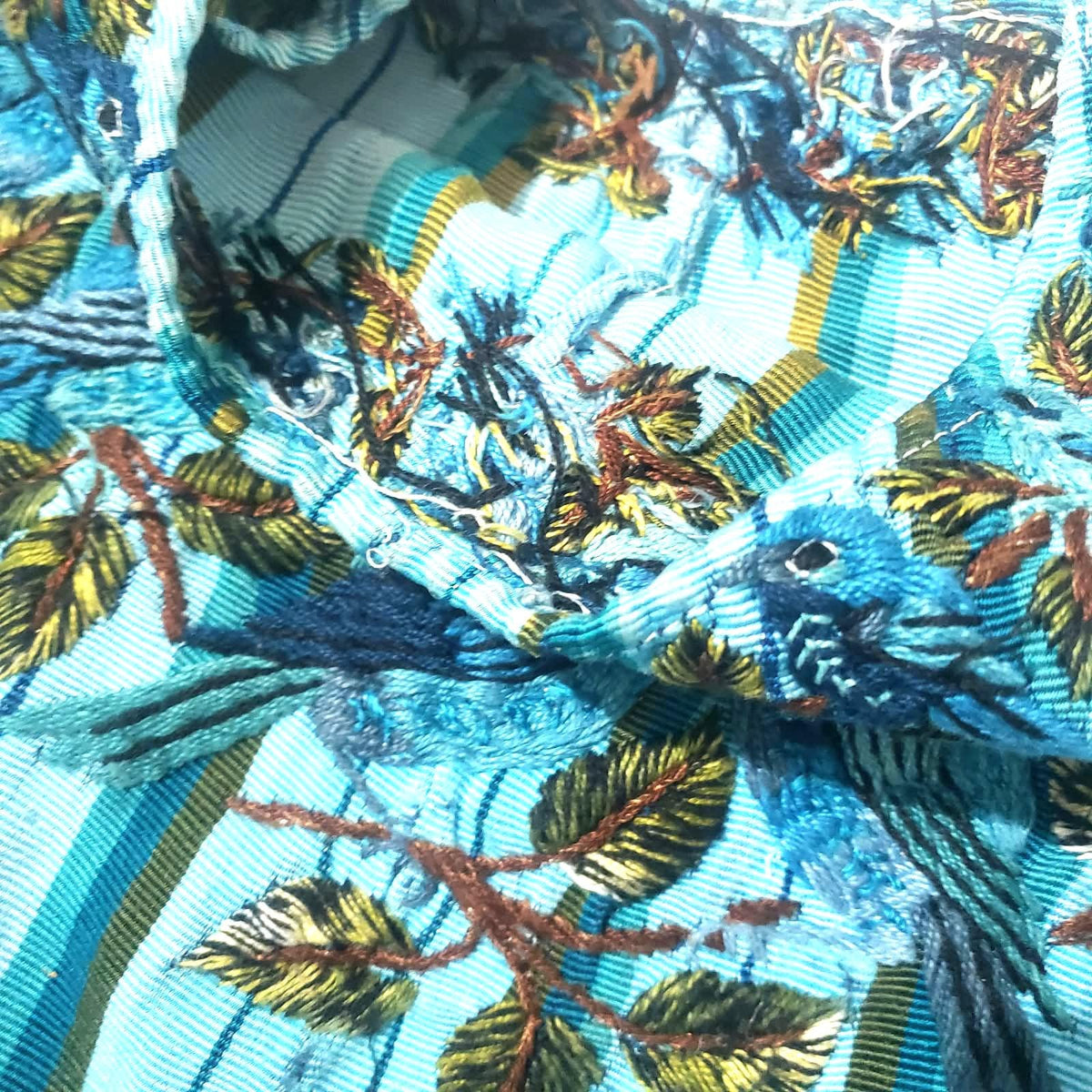 Teal Bird Embroidered Huipil Top, Authentic Santiago Atitlan Guatemalan Blouse, Artisan Handwoven Bird Collar Shirt Size Small