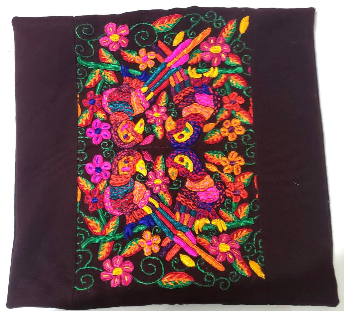 Handmade Parrot Throw Pillow Cover 16x16, Guatemalan Embroidered Cushion Case, Colorful Bird Decor, Boho Accent Pillow, Tropical Home Decor