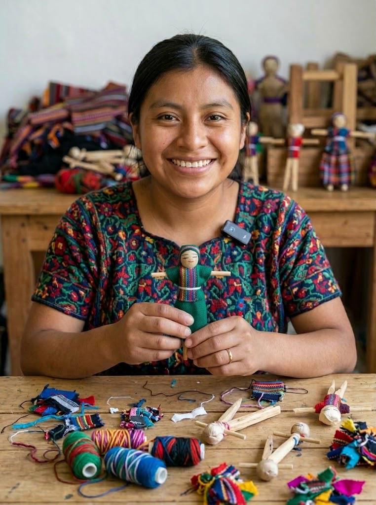 Handmade Guatemalan Worry Doll Keychain | Brass Boho Bag Charm & Fair Trade Gift for Anxiety Relief