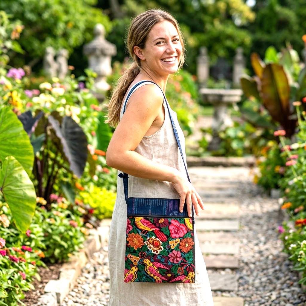 Upcycled Guatemalan Huipil Crossbody Bag | Handwoven Floral Shoulder Purse | Boho Artisan Canvas Travel Bag | Sustainable Mayan Gift for Her