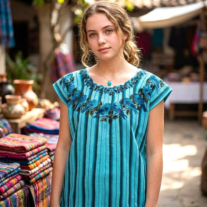 Teal Bird Embroidered Huipil Top, Authentic Santiago Atitlan Guatemalan Blouse, Artisan Handwoven Bird Collar Shirt Size Small