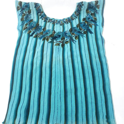 Teal Bird Embroidered Huipil Top, Authentic Santiago Atitlan Guatemalan Blouse, Artisan Handwoven Bird Collar Shirt Size Small