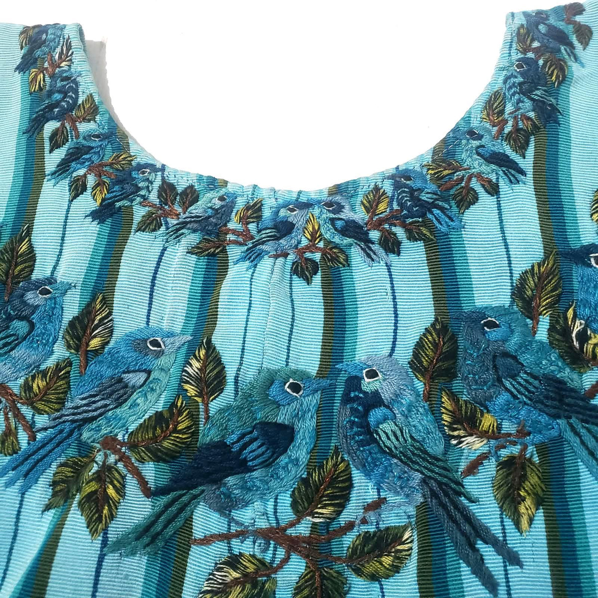 Teal Bird Embroidered Huipil Top, Authentic Santiago Atitlan Guatemalan Blouse, Artisan Handwoven Bird Collar Shirt Size Small