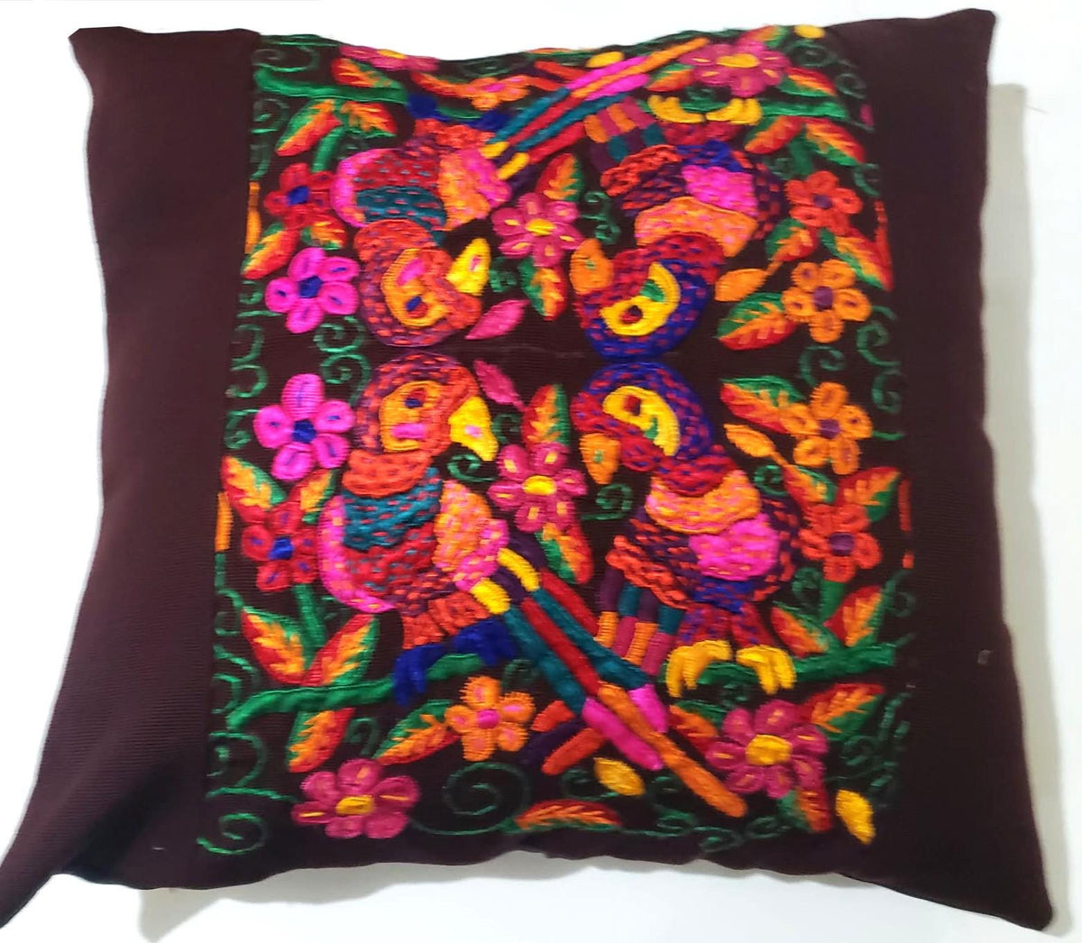 Handmade Parrot Throw Pillow Cover 16x16, Guatemalan Embroidered Cushion Case, Colorful Bird Decor, Boho Accent Pillow, Tropical Home Decor