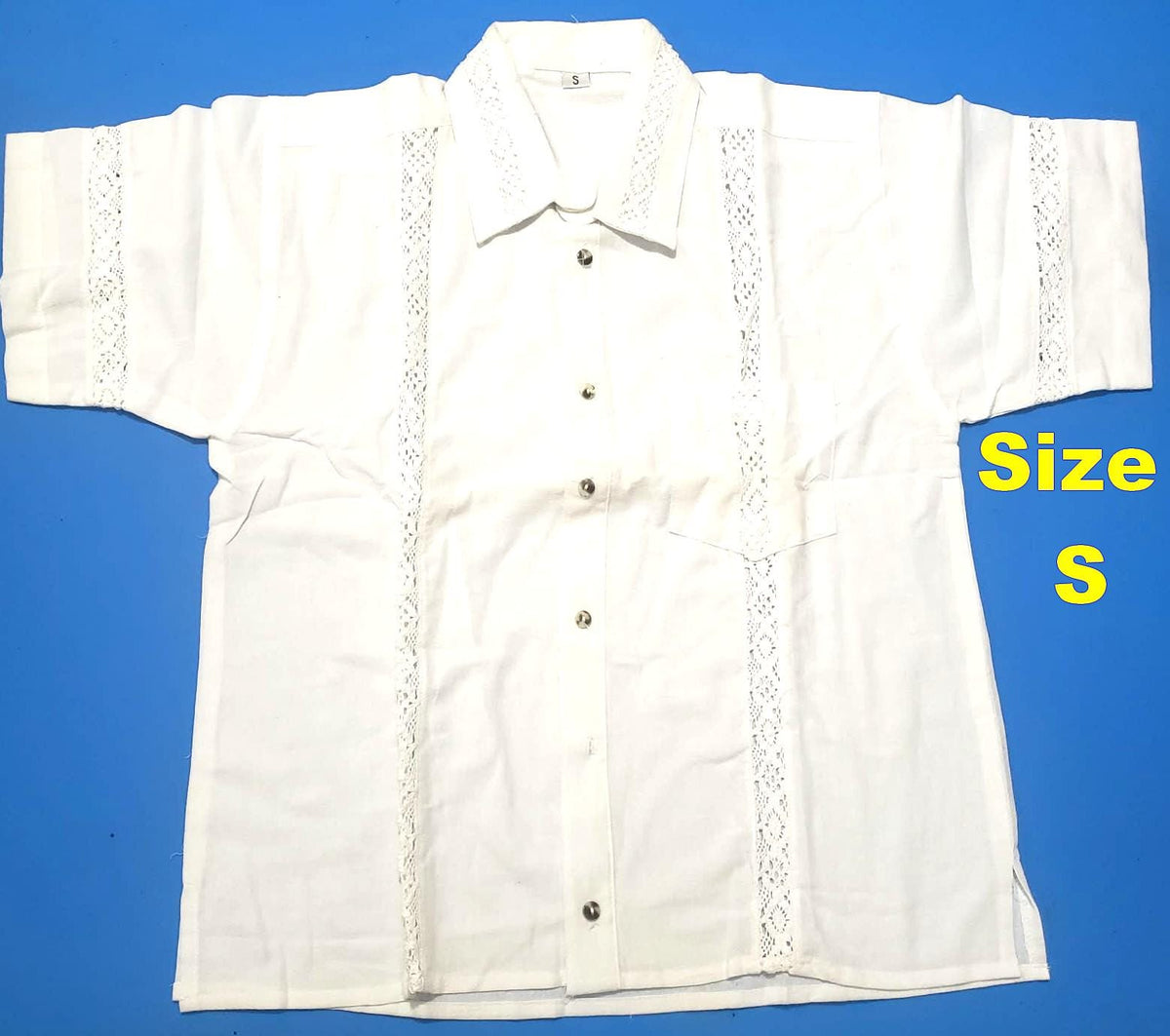 Vintage Off-White Lace-Trim Guayabera Shirt - Cuban Wedding Shirt for Men, Summer Casual - Size Small