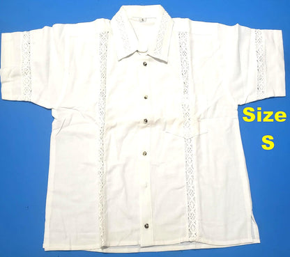 Vintage Off-White Lace-Trim Guayabera Shirt - Cuban Wedding Shirt for Men, Summer Casual - Size Small