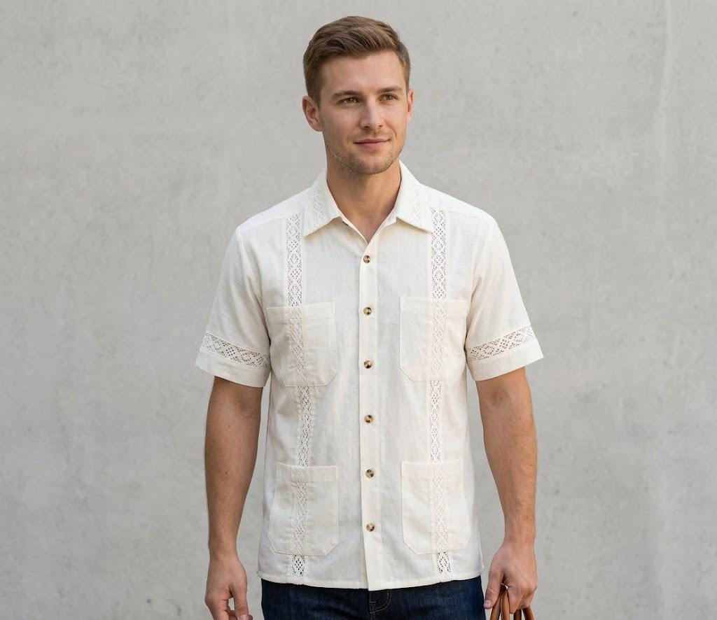 Vintage Off-White Lace-Trim Guayabera Shirt - Cuban Wedding Shirt for Men, Summer Casual - Size Small