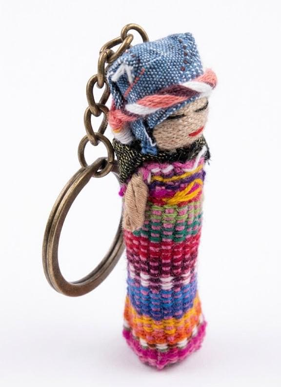 Handmade Guatemalan Worry Doll Keychain | Brass Boho Bag Charm & Fair Trade Gift for Anxiety Relief