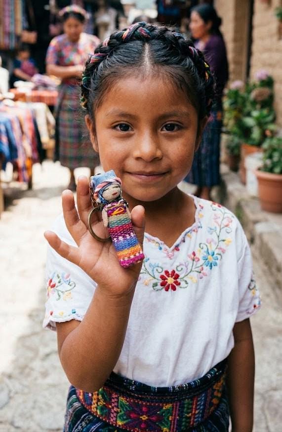 Handmade Guatemalan Worry Doll Keychain | Brass Boho Bag Charm & Fair Trade Gift for Anxiety Relief