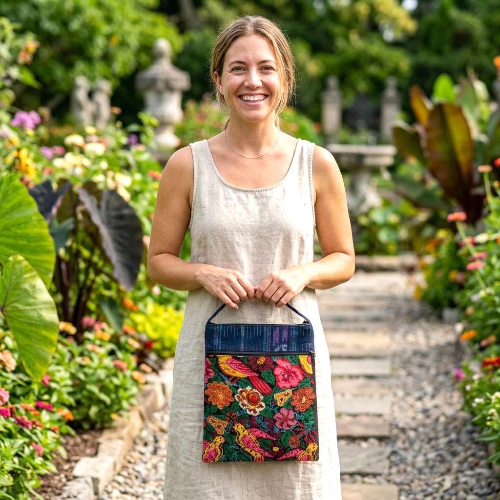 Upcycled Guatemalan Huipil Crossbody Bag | Handwoven Floral Shoulder Purse | Boho Artisan Canvas Travel Bag | Sustainable Mayan Gift for Her
