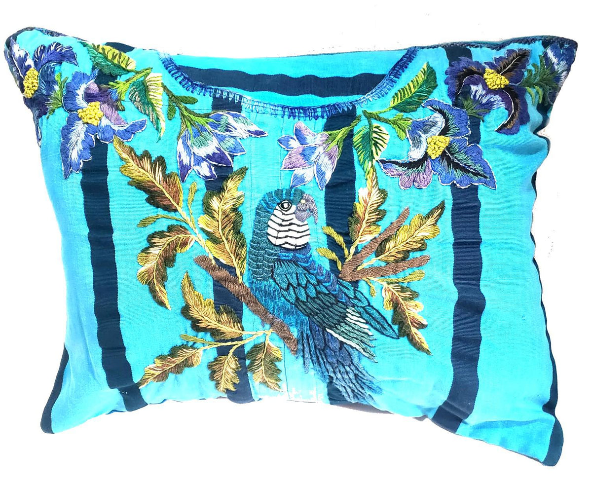 Yellow Guatemalan Lumbar Pillow Cover | Vintage Mayan Embroidered Bird Cushion | 14X18 Santiago Atitlan Upcycled Textile Pillow