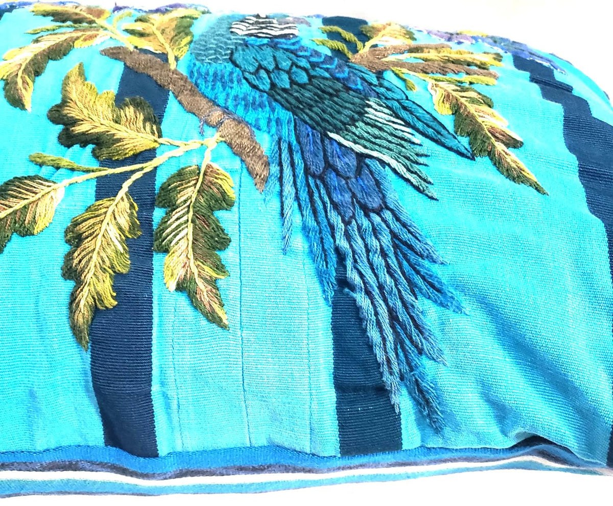Yellow Guatemalan Lumbar Pillow Cover | Vintage Mayan Embroidered Bird Cushion | 14X18 Santiago Atitlan Upcycled Textile Pillow