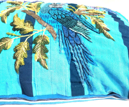 Yellow Guatemalan Lumbar Pillow Cover | Vintage Mayan Embroidered Bird Cushion | 14X18 Santiago Atitlan Upcycled Textile Pillow