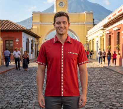 Men's Handwoven Accent Button Down Shirt, Guatemalan Fair Trade Short Sleeve Top, Breathable Cotton Summer Shirt