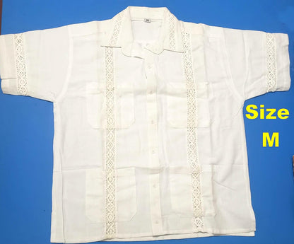 Vintage Off-White Lace-Trim Guayabera Shirt - Cuban Wedding Shirt for Men, Summer Casual - Size Small