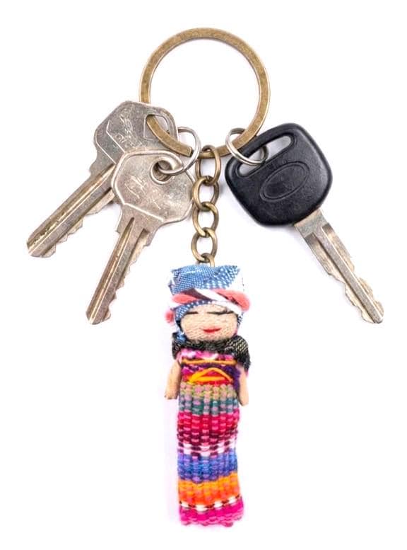 Handmade Guatemalan Worry Doll Keychain | Brass Boho Bag Charm & Fair Trade Gift for Anxiety Relief