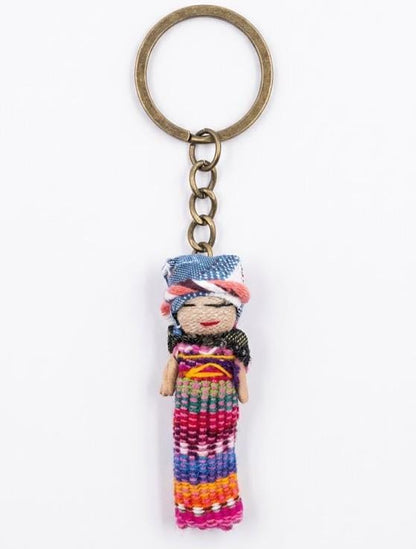 Handmade Guatemalan Worry Doll Keychain | Brass Boho Bag Charm & Fair Trade Gift for Anxiety Relief