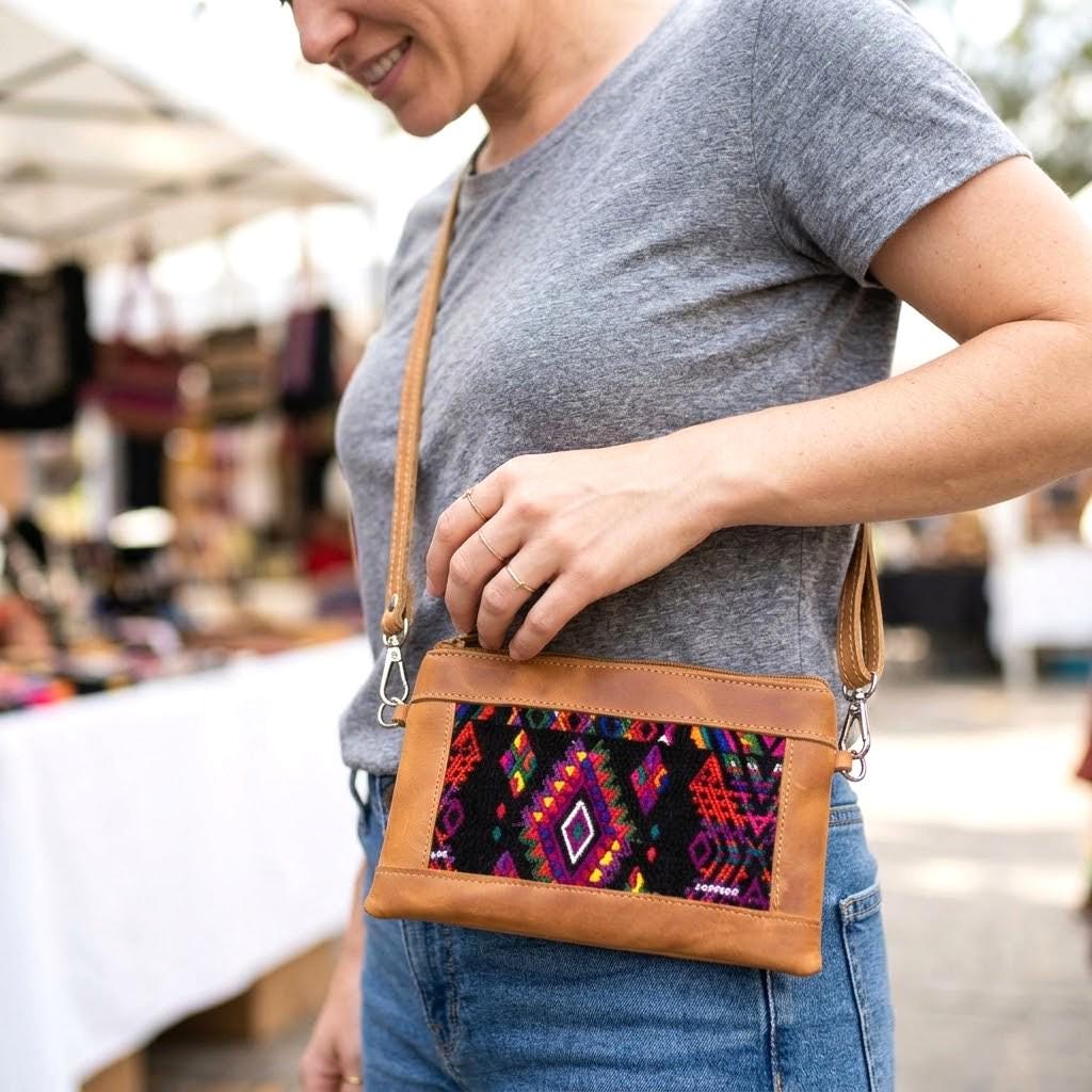 Aesthetic Woman Guatemalan Leather Huipil CROSSBODY Wristlet CLUTCH PURSE - Wristlet