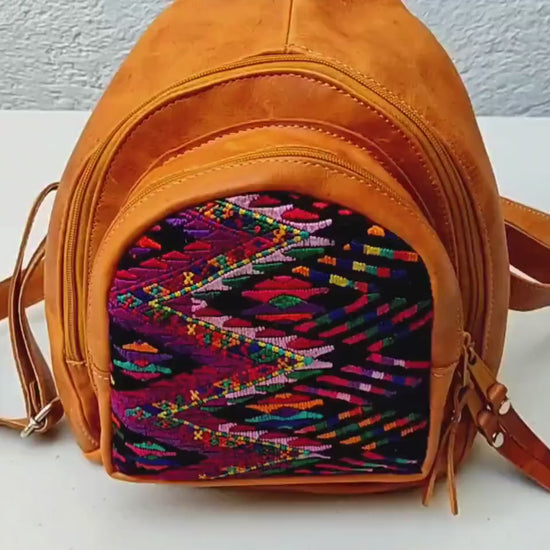 Huipil Pattern Tan Genuine LEATHER BACKPACK Bag - Aesthetic Grain Leather