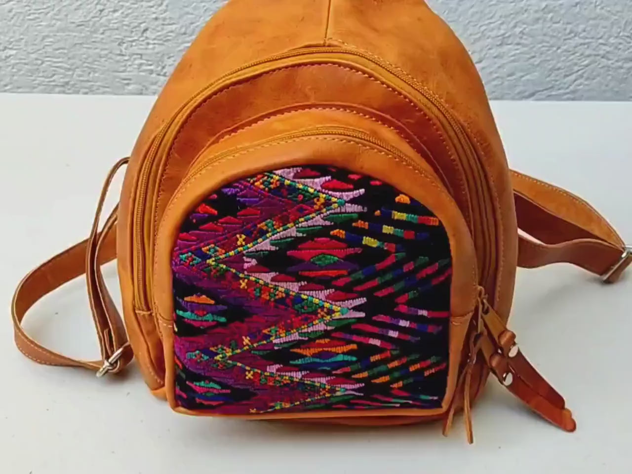 Huipil Pattern Tan Genuine LEATHER BACKPACK Bag - Aesthetic Grain Leather