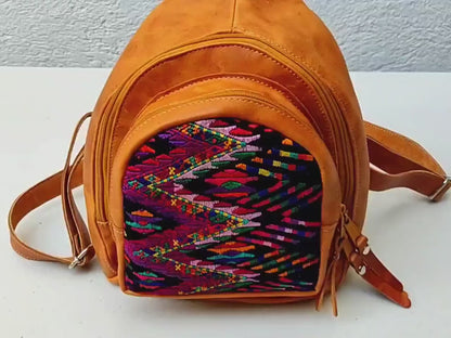 Huipil Pattern Tan Genuine LEATHER BACKPACK Bag - Aesthetic Grain Leather