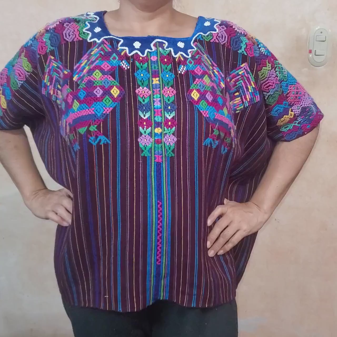 Vintage Guatemalan unique handmade weaved cotton Burgundy -Roosters and birds- huipil -Santo Domingo Xenacoj-