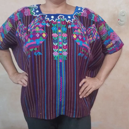Vintage Guatemalan unique handmade weaved cotton Burgundy -Roosters and birds- huipil -Santo Domingo Xenacoj-