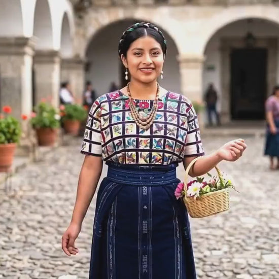 Vintage Guatemalan Huipil - Hand Embroidered Bird Grid Top & Wall Tapestry | Santiago Atitlán Maya Textile