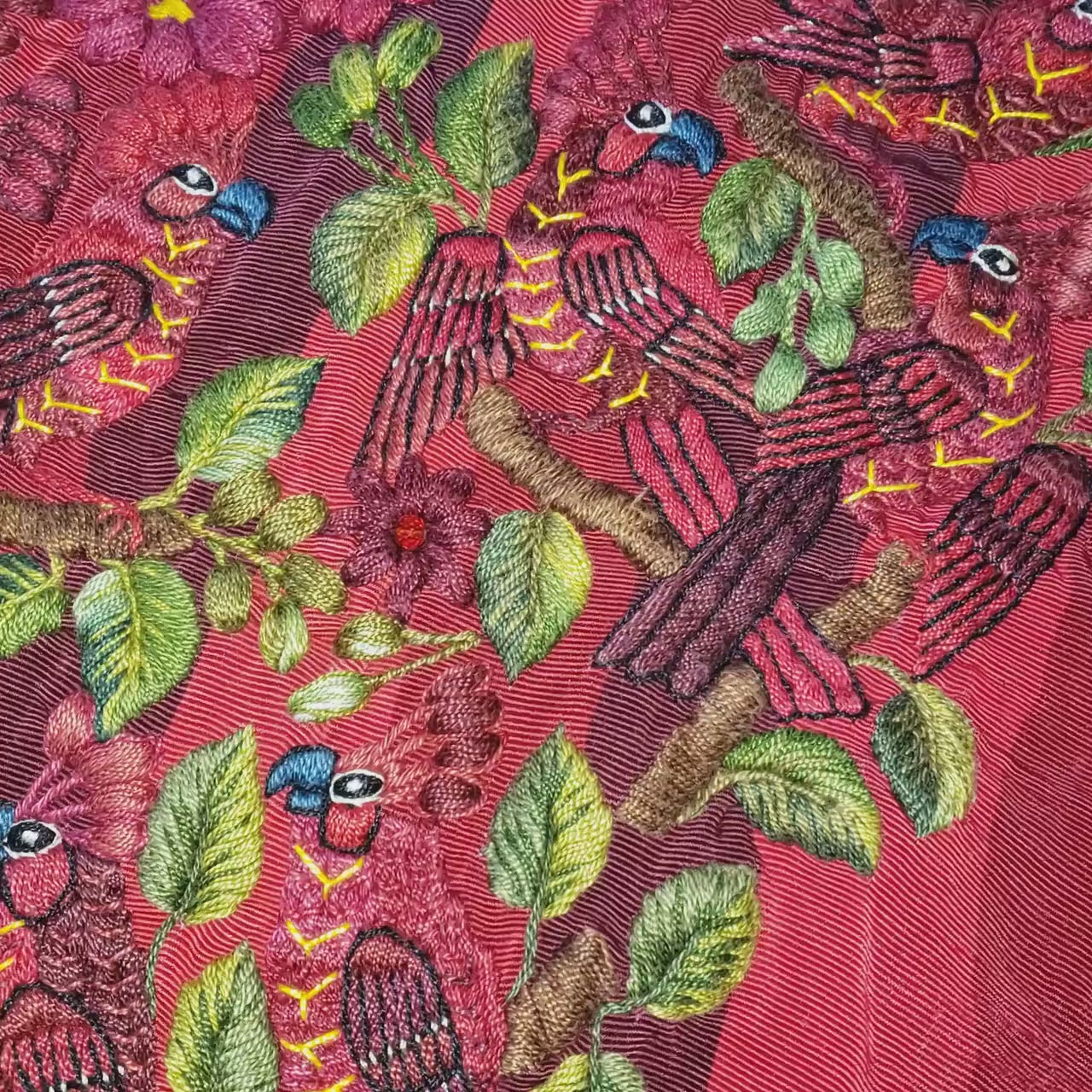 Handmade Burgundy EMBROIDERED Guatemalan Santiago Atitlan COTTON WALL "Mayan Bird Family" Tapestry